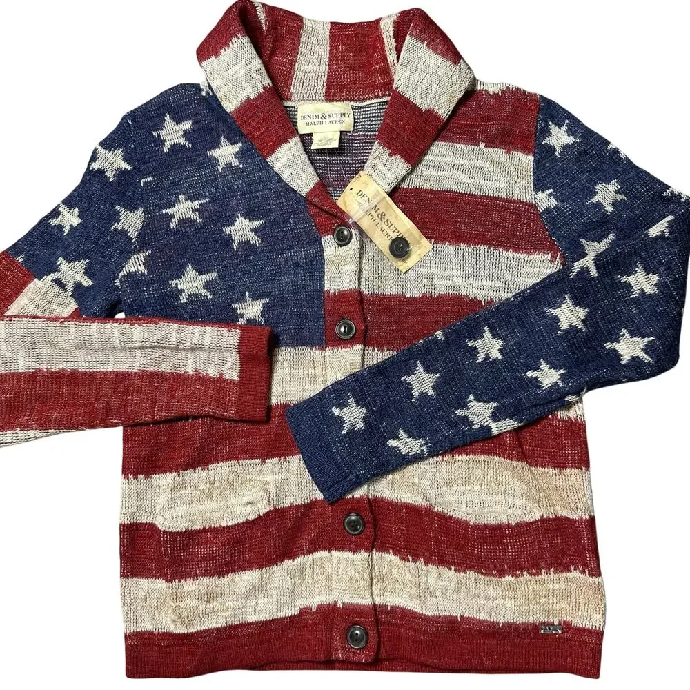 Denim & Supply Ralph Lauren American Flag Knit Cardigan Sweater NEW - Picture 2 of 12